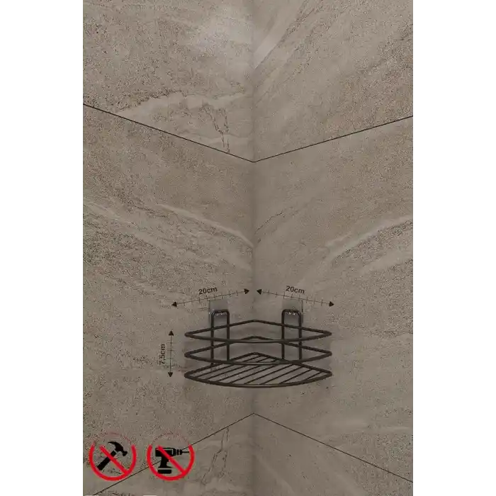 Alper Banyo Yapışkanlı Siyah Köşe Banyo Rafı, Tekli Köşe Şampuanlık, Delmeden Montajlı Banyo Düzenleyici Raf, Siyah Statik Boyalı