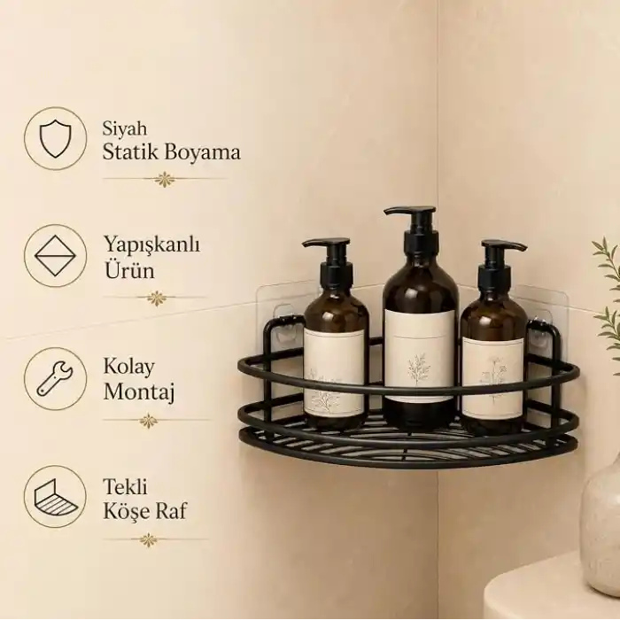Alper Banyo Yapışkanlı Siyah Köşe Banyo Rafı, Tekli Köşe Şampuanlık, Delmeden Montajlı Banyo Düzenleyici Raf, Siyah Statik Boyalı