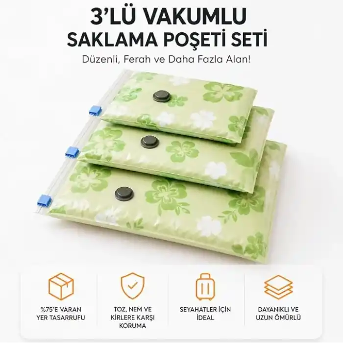3lü Vakumlu Hurç Saklama Seti Şeffaf Ön Yüzlü Yorgan Battaniye Kıyafet Düzenleme ve Depolama Poşeti