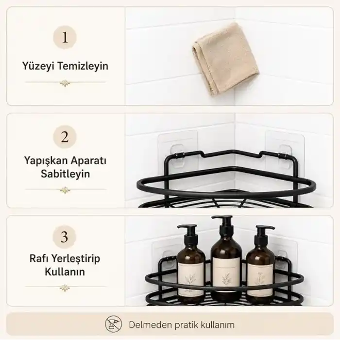 Alper Banyo Yapışkanlı Siyah Köşe Banyo Rafı, Tekli Köşe Şampuanlık, Delmeden Montajlı Banyo Düzenleyici Raf, Siyah Statik Boyalı