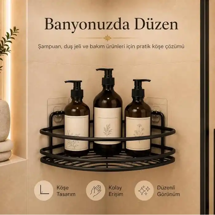 Alper Banyo Yapışkanlı Siyah Köşe Banyo Rafı, Tekli Köşe Şampuanlık, Delmeden Montajlı Banyo Düzenleyici Raf, Siyah Statik Boyalı