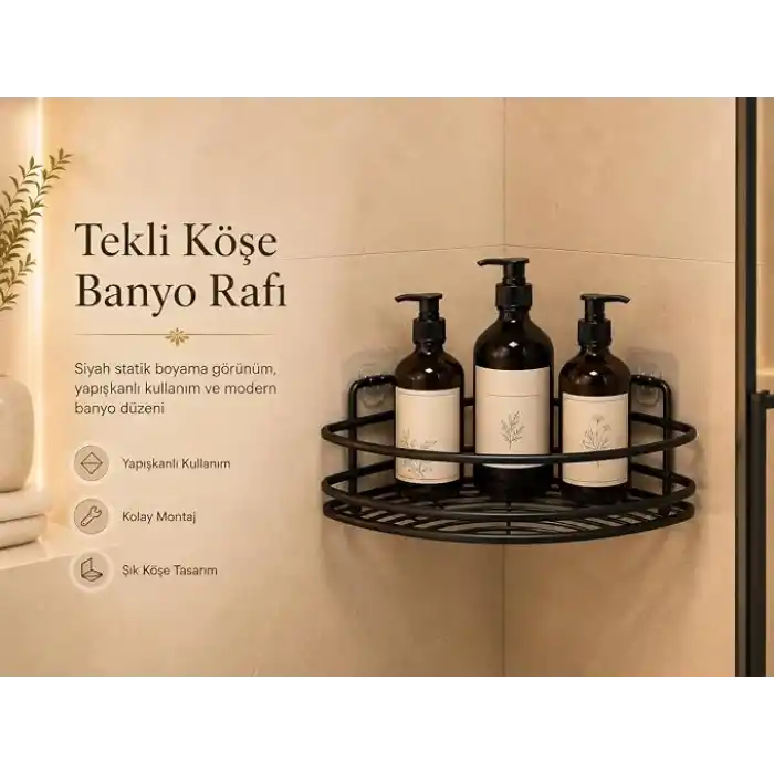 Alper Banyo Yapışkanlı Siyah Köşe Banyo Rafı, Tekli Köşe Şampuanlık, Delmeden Montajlı Banyo Düzenleyici Raf, Siyah Statik Boyalı