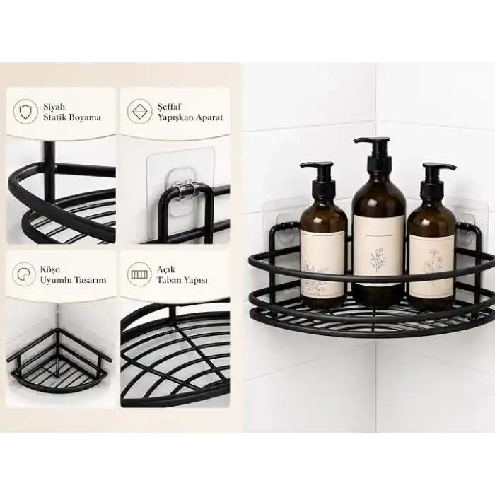 Alper Banyo Yapışkanlı Siyah Köşe Banyo Rafı, Tekli Köşe Şampuanlık, Delmeden Montajlı Banyo Düzenleyici Raf, Siyah Statik Boyalı