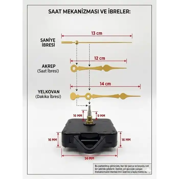 Akar Saat Mekanizması Sessiz Duvar Saat Mekanizması 16 Mm Şaft -akrep-yelkovan-saniye-askılı Gold