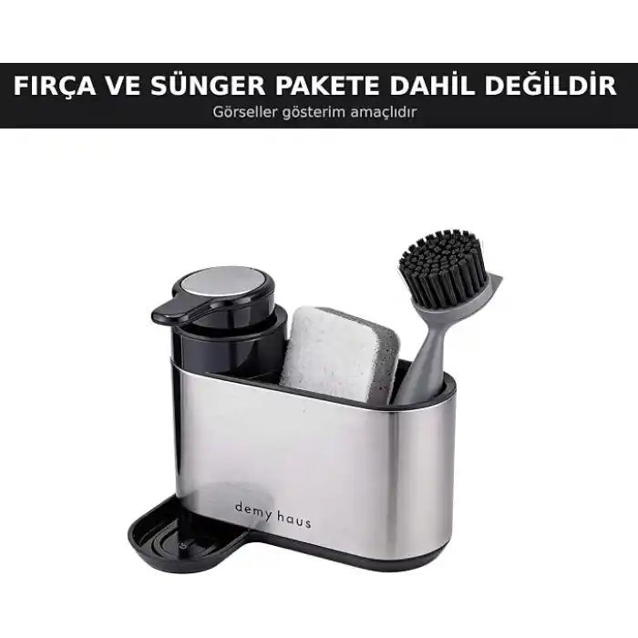 Mutfak Tezgah Üstü Düzenleyici Sabunluk | 304 Paslanmaz Çelik | Sünger ve Fırça Hazneli | Deterjan & Sabun Dispenseri