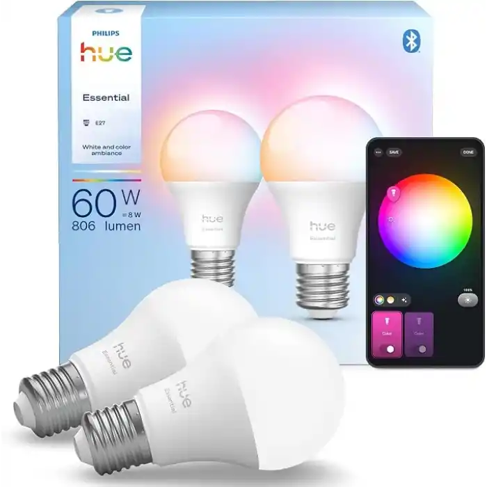 Philips Hue Essential 8W E27 806 Lumen Renkli Akıllı Ampul A60 (2li Ekopaket) - 25.000 Saat Ampul Kullanım Ömrü