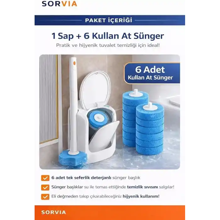 Kullan At Deterjanlı Tuvalet Fırçası Seti 6 Yedek Başlıklı Hijyenik WC Temizlik Fırçası Klozet Temizleme Fırçası