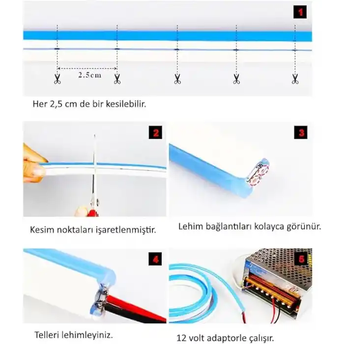 Dekoratif Esnek Neon LED Şerit 12V IP67 5x12mm - 3000K Günışığı