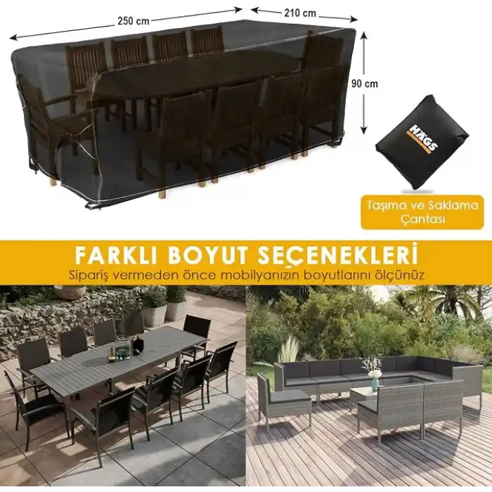 Haegs Bahçe Mobilyası Örtüsü, 250-210-90cm, Ağır Hizmet Oxford Kumaş, Su Geçirmez, Dış Mekan Veranda Masa Örtüsü, Havalandırmalı Masa ve Sandalye Koruma Kılıfı - Gri