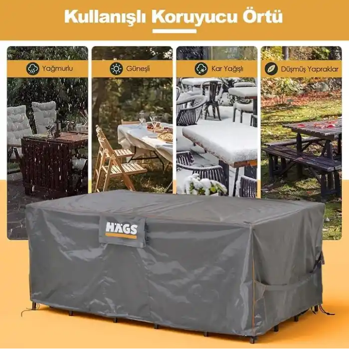 Haegs Bahçe Mobilyası Örtüsü, 250-210-90cm, Ağır Hizmet Oxford Kumaş, Su Geçirmez, Dış Mekan Veranda Masa Örtüsü, Havalandırmalı Masa ve Sandalye Koruma Kılıfı - Gri