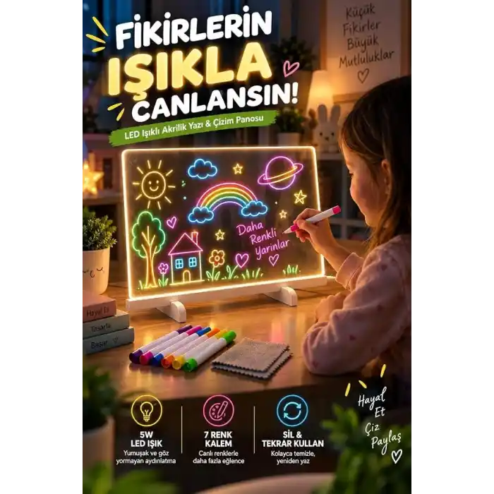 LED Işıklı Akrilik Yazı ve Çizim Panosu, 7 Renk Kalemli Silinebilir Işıklı Yazı Tahtası, USB ile Çalışan Tekrar Kullanılabilir Not ve Çizim Panosu, Çocuk ve Yetişkinler İçin
