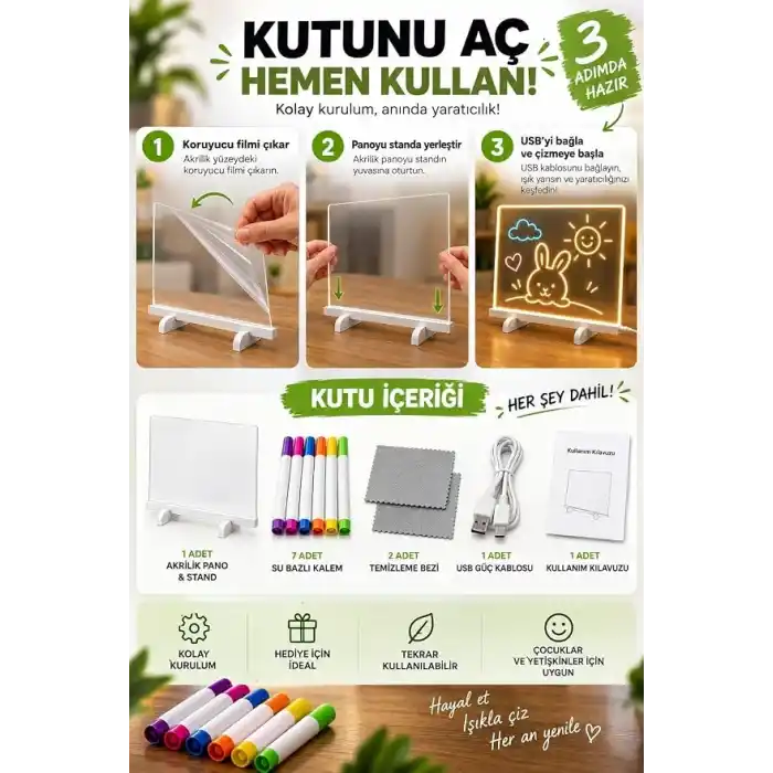 LED Işıklı Akrilik Yazı ve Çizim Panosu, 7 Renk Kalemli Silinebilir Işıklı Yazı Tahtası, USB ile Çalışan Tekrar Kullanılabilir Not ve Çizim Panosu, Çocuk ve Yetişkinler İçin
