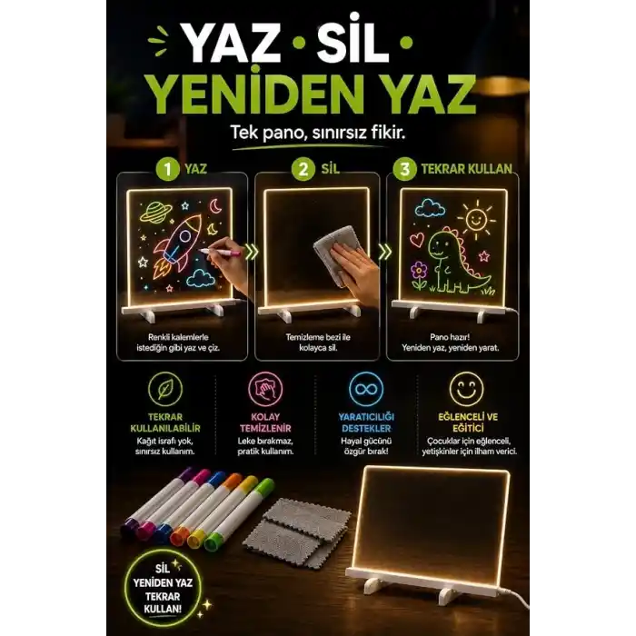 LED Işıklı Akrilik Yazı ve Çizim Panosu, 7 Renk Kalemli Silinebilir Işıklı Yazı Tahtası, USB ile Çalışan Tekrar Kullanılabilir Not ve Çizim Panosu, Çocuk ve Yetişkinler İçin