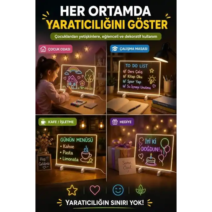 LED Işıklı Akrilik Yazı ve Çizim Panosu, 7 Renk Kalemli Silinebilir Işıklı Yazı Tahtası, USB ile Çalışan Tekrar Kullanılabilir Not ve Çizim Panosu, Çocuk ve Yetişkinler İçin