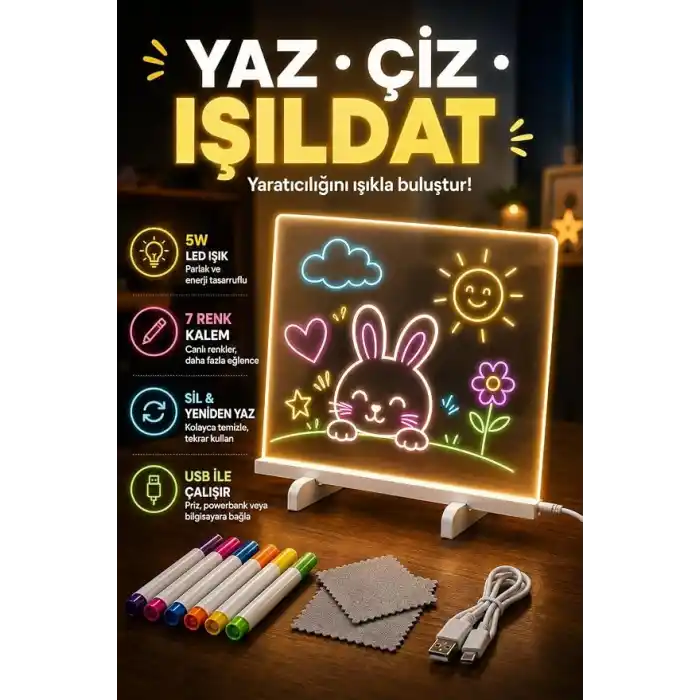 LED Işıklı Akrilik Yazı ve Çizim Panosu, 7 Renk Kalemli Silinebilir Işıklı Yazı Tahtası, USB ile Çalışan Tekrar Kullanılabilir Not ve Çizim Panosu, Çocuk ve Yetişkinler İçin