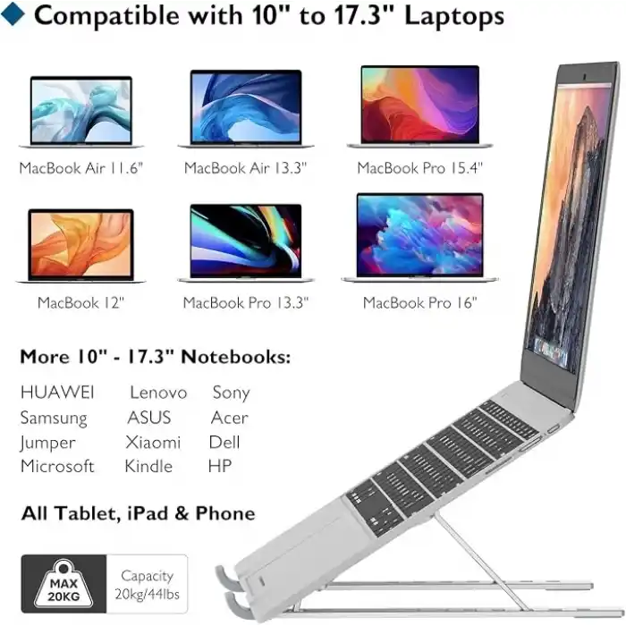 HEARTZ Metal Laptop Tablet iPad Dizüstü Bilgisayar Standı 7-17.3 inç Tüm Cihazlar için 7 Seviye Yükseklik Ayarı Taşınabilir Kaymaz Laptop Yükseltici Havalandırmalı Soğutma Katlanabilir Masaüstü Standı