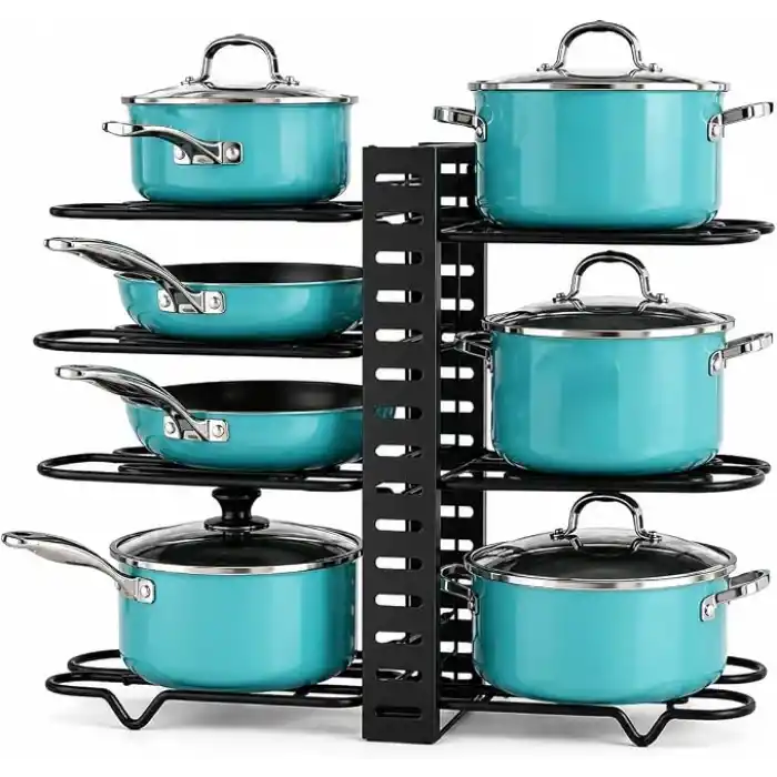 Orret Home Çift Taraflı Kullanılabilir Ayarlanabilir Tencere Tava Organizeri, Kapak Organizeri ve Dolap İçi Düzenleyici, Tezgah Üstü Metal Siyah Mutfak Rafı, Yatay ve Dikey Kurulum, 41 x 20 x 27 cm