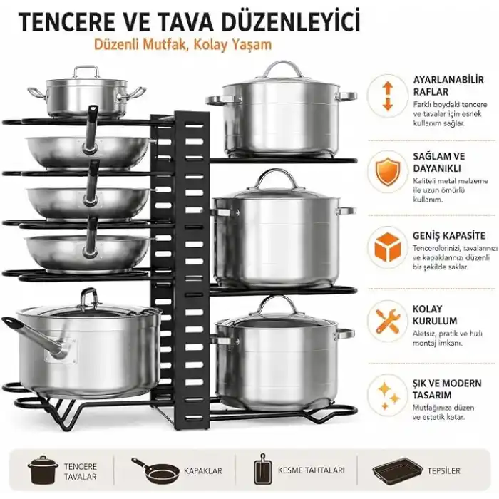 Orret Home Çift Taraflı Kullanılabilir Ayarlanabilir Tencere Tava Organizeri, Kapak Organizeri ve Dolap İçi Düzenleyici, Tezgah Üstü Metal Siyah Mutfak Rafı, Yatay ve Dikey Kurulum, 41 x 20 x 27 cm
