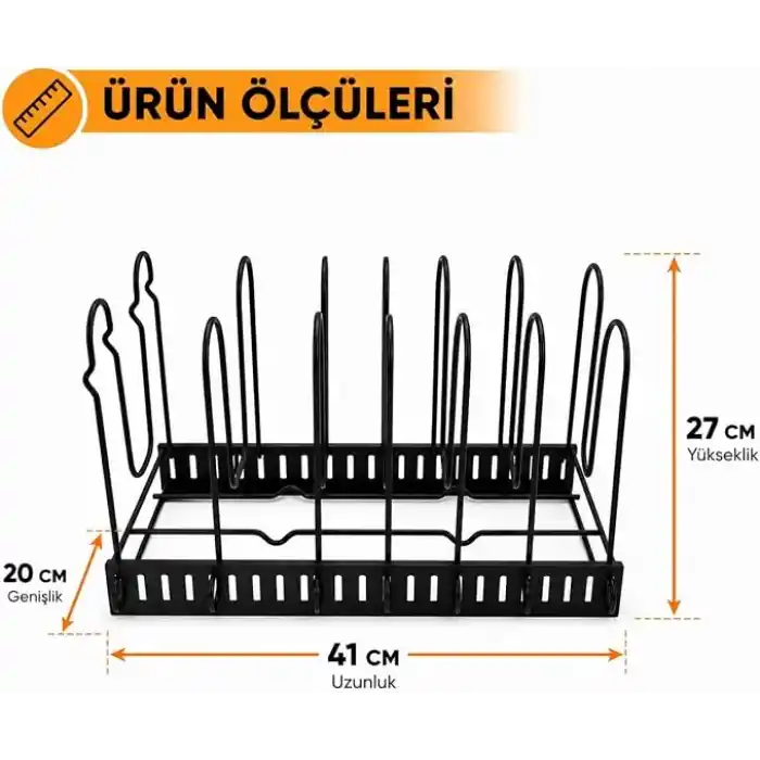 Orret Home Çift Taraflı Kullanılabilir Ayarlanabilir Tencere Tava Organizeri, Kapak Organizeri ve Dolap İçi Düzenleyici, Tezgah Üstü Metal Siyah Mutfak Rafı, Yatay ve Dikey Kurulum, 41 x 20 x 27 cm