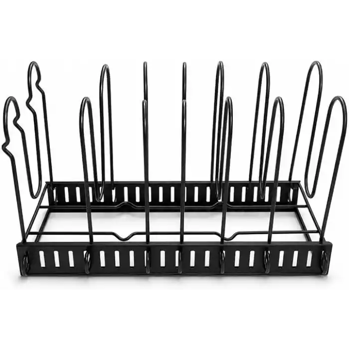 Orret Home Çift Taraflı Kullanılabilir Ayarlanabilir Tencere Tava Organizeri, Kapak Organizeri ve Dolap İçi Düzenleyici, Tezgah Üstü Metal Siyah Mutfak Rafı, Yatay ve Dikey Kurulum, 41 x 20 x 27 cm