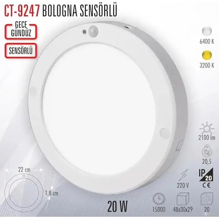 Amber LED 20W Sıva Üstü Sensörlü LED Armatür Cata CT-9247G - Hareket Sensörlü Tavan Lambası, Enerji Tasarruflu Koridor ve Merdiven Aydınlatması - 3200K GÜNIŞIĞI