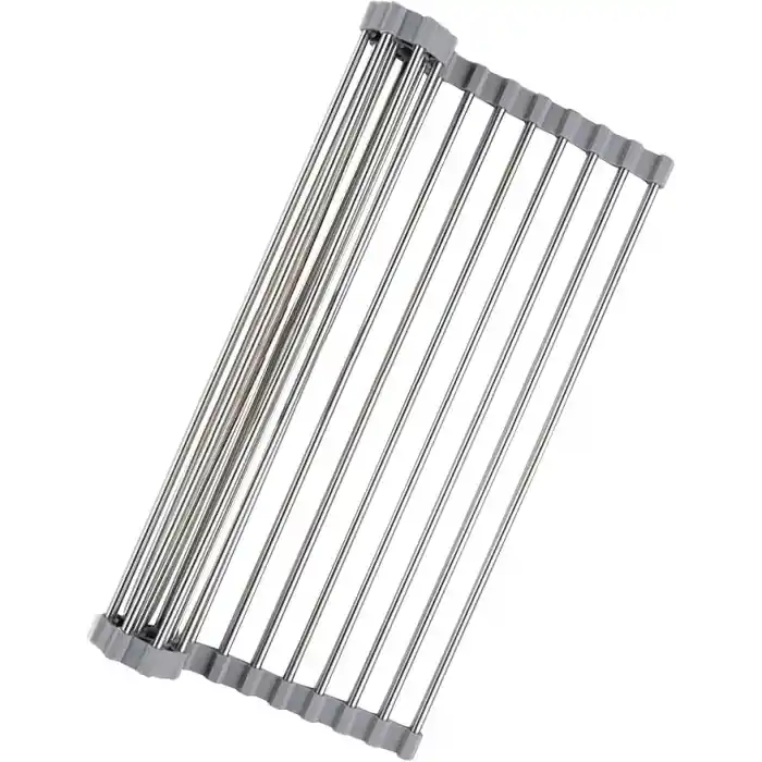 MallArt® Katlanabilir Evye Üstü Bulaşık Kurutmalık Süzgeç 47x29 cm - Paslanmaz Çelik & Isıya Dayanıklı Silikon Rulo Bulaşık Rafı, Meyve Sebze Yıkama Süzgeci, Gri