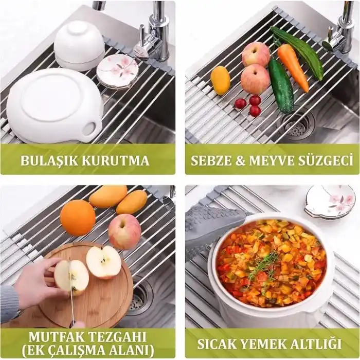 MallArt® Katlanabilir Evye Üstü Bulaşık Kurutmalık Süzgeç 47x29 cm - Paslanmaz Çelik & Isıya Dayanıklı Silikon Rulo Bulaşık Rafı, Meyve Sebze Yıkama Süzgeci, Gri