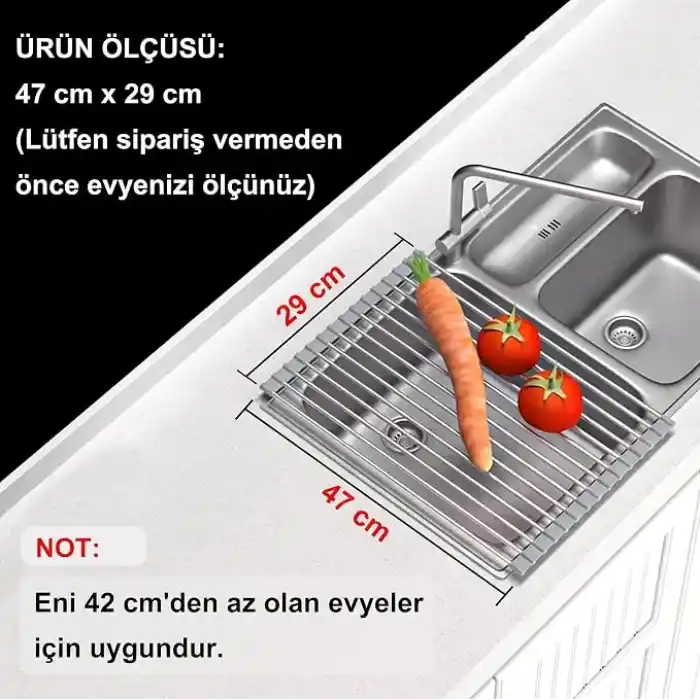 MallArt® Katlanabilir Evye Üstü Bulaşık Kurutmalık Süzgeç 47x29 cm - Paslanmaz Çelik & Isıya Dayanıklı Silikon Rulo Bulaşık Rafı, Meyve Sebze Yıkama Süzgeci, Gri