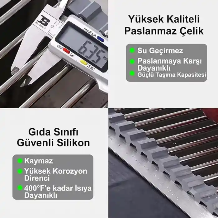 MallArt® Katlanabilir Evye Üstü Bulaşık Kurutmalık Süzgeç 47x29 cm - Paslanmaz Çelik & Isıya Dayanıklı Silikon Rulo Bulaşık Rafı, Meyve Sebze Yıkama Süzgeci, Gri