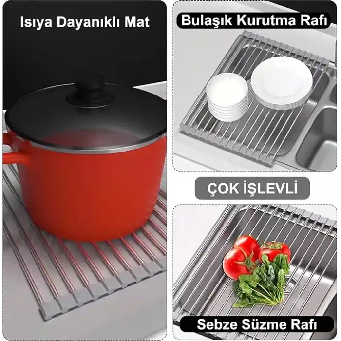 MallArt® Katlanabilir Evye Üstü Bulaşık Kurutmalık Süzgeç 47x29 cm - Paslanmaz Çelik & Isıya Dayanıklı Silikon Rulo Bulaşık Rafı, Meyve Sebze Yıkama Süzgeci, Gri