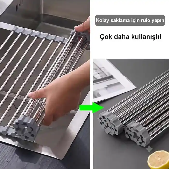 MallArt® Katlanabilir Evye Üstü Bulaşık Kurutmalık Süzgeç 47x29 cm - Paslanmaz Çelik & Isıya Dayanıklı Silikon Rulo Bulaşık Rafı, Meyve Sebze Yıkama Süzgeci, Gri