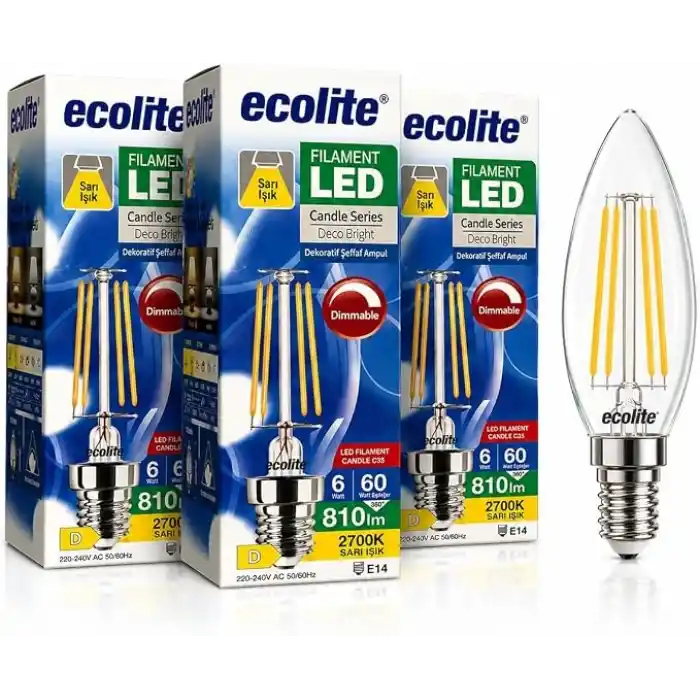 Ecolite Filament LED Mum Ampul E14 Duy 6W 810 Lümen Dim Edilebilir 2700K Sarı Işık Şeffaf Dekoratif Vintage Ampul 60W Eşdeğer C35 Candle Series (3)