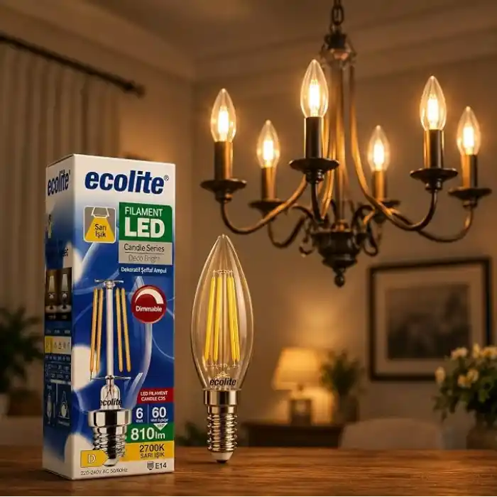 Ecolite Filament LED Mum Ampul E14 Duy 6W 810 Lümen Dim Edilebilir 2700K Sarı Işık Şeffaf Dekoratif Vintage Ampul 60W Eşdeğer C35 Candle Series (3)