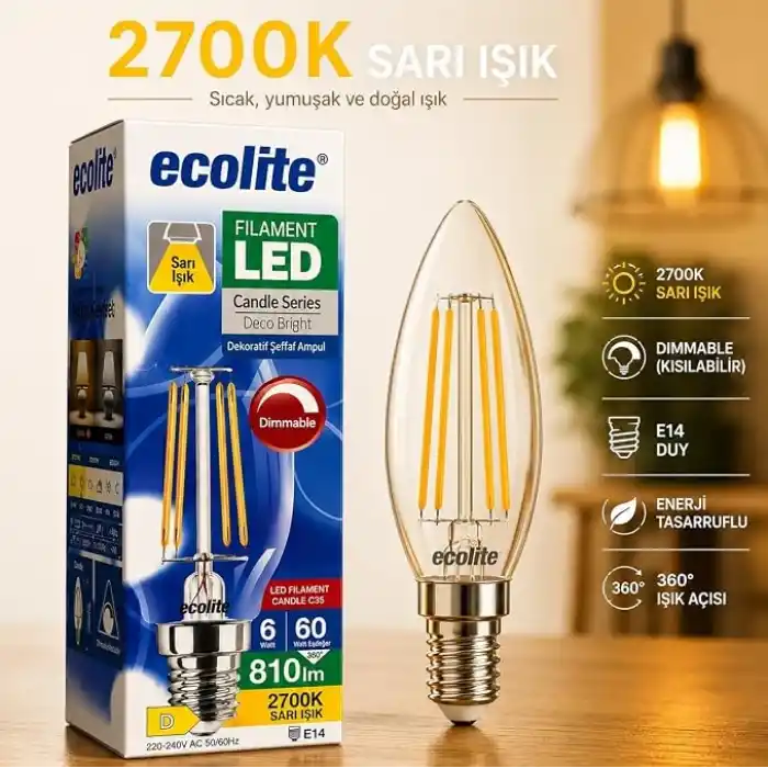 Ecolite Filament LED Mum Ampul E14 Duy 6W 810 Lümen Dim Edilebilir 2700K Sarı Işık Şeffaf Dekoratif Vintage Ampul 60W Eşdeğer C35 Candle Series (3)