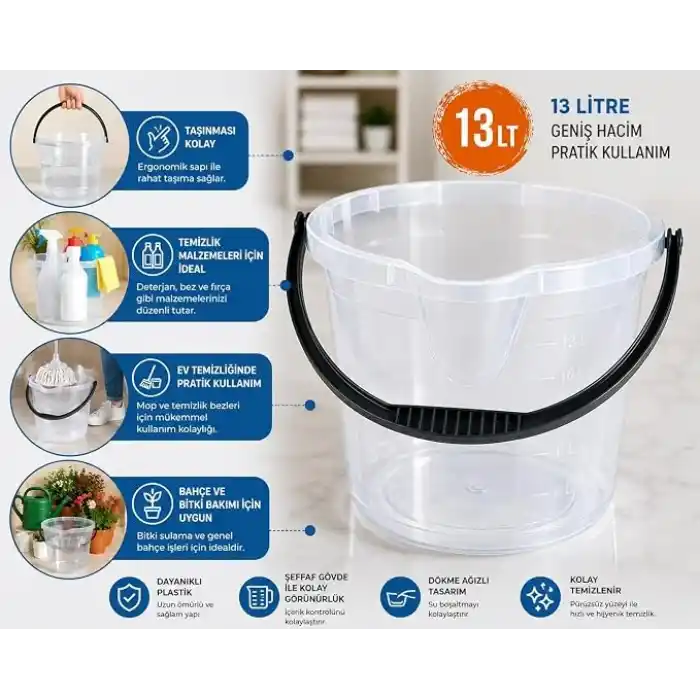 13 L Şeffaf Temizlik Kovası – Ergonomik Saplı, Alt Tutma Kulplu, Ölçü Çizgili, Dayanıklı Plastik Temizlik Kovası | Ev, Ofis ve Profesyonel Kullanım