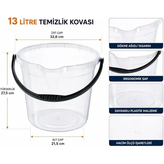 13 L Şeffaf Temizlik Kovası – Ergonomik Saplı, Alt Tutma Kulplu, Ölçü Çizgili, Dayanıklı Plastik Temizlik Kovası | Ev, Ofis ve Profesyonel Kullanım