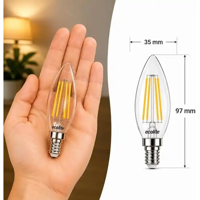 Ecolite Filament LED Mum Ampul E14 Duy 6W 810 Lümen Dim Edilebilir 2700K Sarı Işık Şeffaf Dekoratif Vintage Ampul 60W Eşdeğer C35 Candle Series (3)