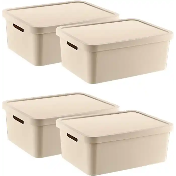 Smartware 4Lü Set Stafi Çok Amaçlı Kapaklı Kutu Latte 12 LT - LATTE, Çok Amaçlı Kapaklı Kutu, Ev-Ofis-Depo İçin, Kapaklı Saklama Kutusu
