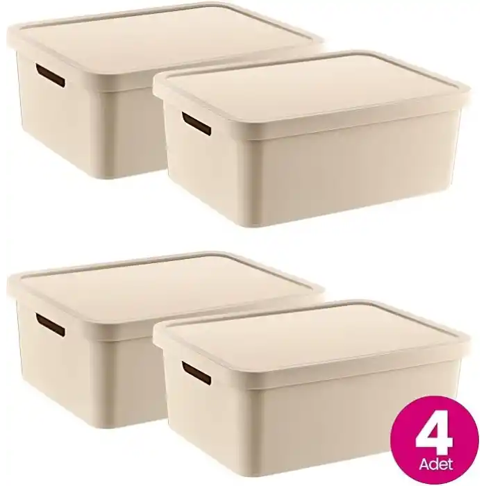 Smartware 4Lü Set Stafi Çok Amaçlı Kapaklı Kutu Latte 12 LT - LATTE, Çok Amaçlı Kapaklı Kutu, Ev-Ofis-Depo İçin, Kapaklı Saklama Kutusu