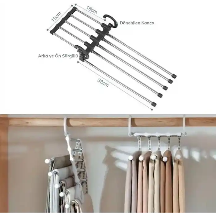 Orret Home 2 Katlı Katlanabilir 5li Pantolon Askısı,Pantolon,Kravat,Etek İçin Organizer Askı (Siyah)