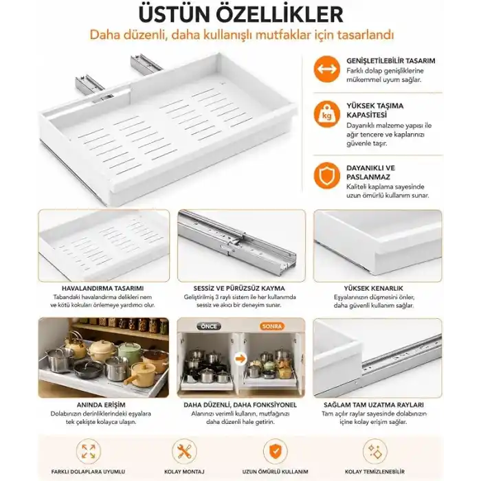 Orret Home Teleskopik Dolap İçi Düzenleyici, Büyüyüp Küçülebilir Raylı Dolap Organizeri, Ayarlanabilir Sürgülü Mutfak Rafı, Tencere Tava Lavabo Altı Kiler Organizer, Yapıştırılabilir 32-64 cm Beyaz