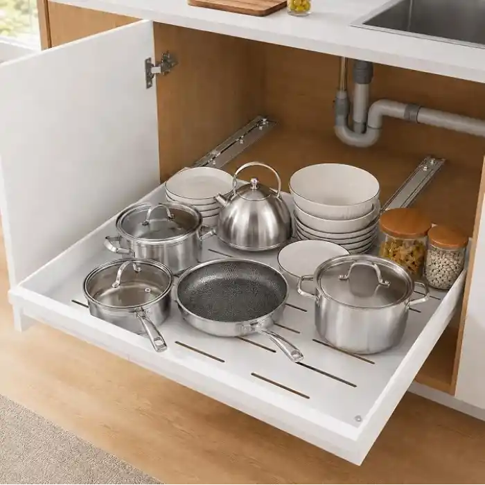 Orret Home Teleskopik Dolap İçi Düzenleyici, Büyüyüp Küçülebilir Raylı Dolap Organizeri, Ayarlanabilir Sürgülü Mutfak Rafı, Tencere Tava Lavabo Altı Kiler Organizer, Yapıştırılabilir 32-64 cm Beyaz