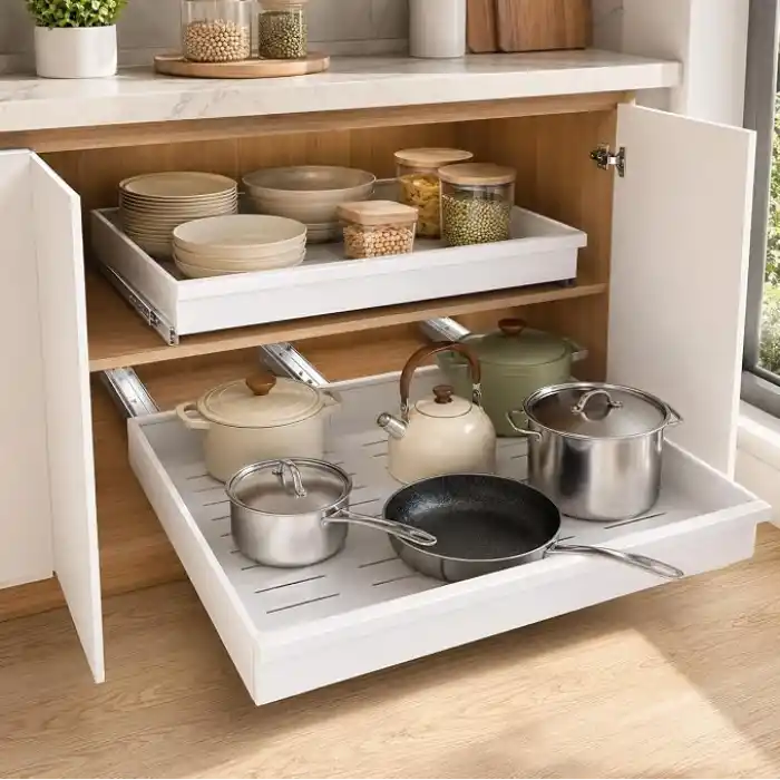 Orret Home Teleskopik Dolap İçi Düzenleyici, Büyüyüp Küçülebilir Raylı Dolap Organizeri, Ayarlanabilir Sürgülü Mutfak Rafı, Tencere Tava Lavabo Altı Kiler Organizer, Yapıştırılabilir 32-64 cm Beyaz