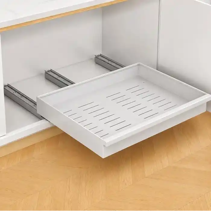 Orret Home Teleskopik Dolap İçi Düzenleyici, Büyüyüp Küçülebilir Raylı Dolap Organizeri, Ayarlanabilir Sürgülü Mutfak Rafı, Tencere Tava Lavabo Altı Kiler Organizer, Yapıştırılabilir 32-64 cm Beyaz