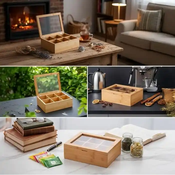 Promosyonca Orjinal Bambu Organizer, Çay Kutusu, Takı Kutusu, Mıknatıslı Kapak, Premium Kalite (6 Şeffaf Kapak)