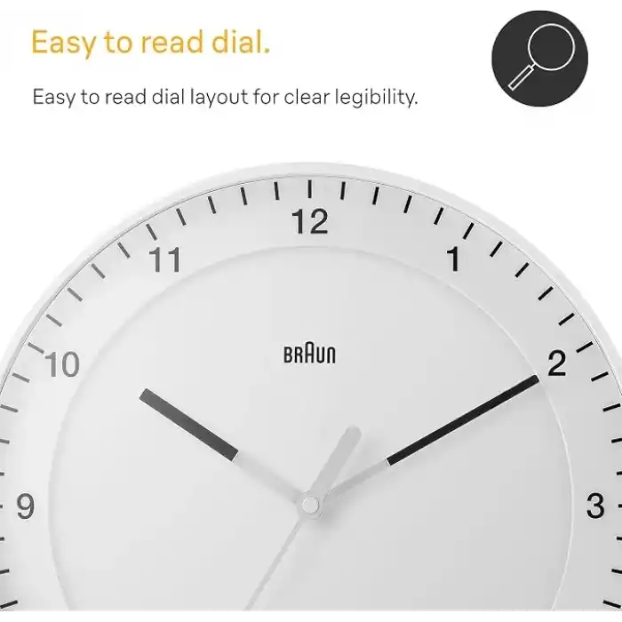 Braun Klasik büyük analog duvar saati sessiz saat mekanizması, kolay okunan kadran, 30 cm çap, beyaz model BC17W.
