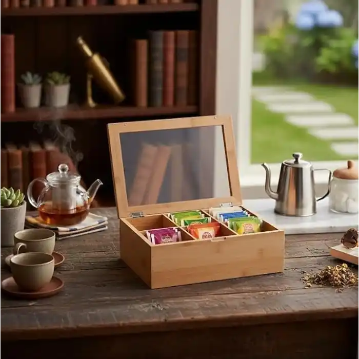 Promosyonca Orjinal Bambu Organizer, Çay Kutusu, Takı Kutusu, Mıknatıslı Kapak, Premium Kalite (6 Şeffaf Kapak)