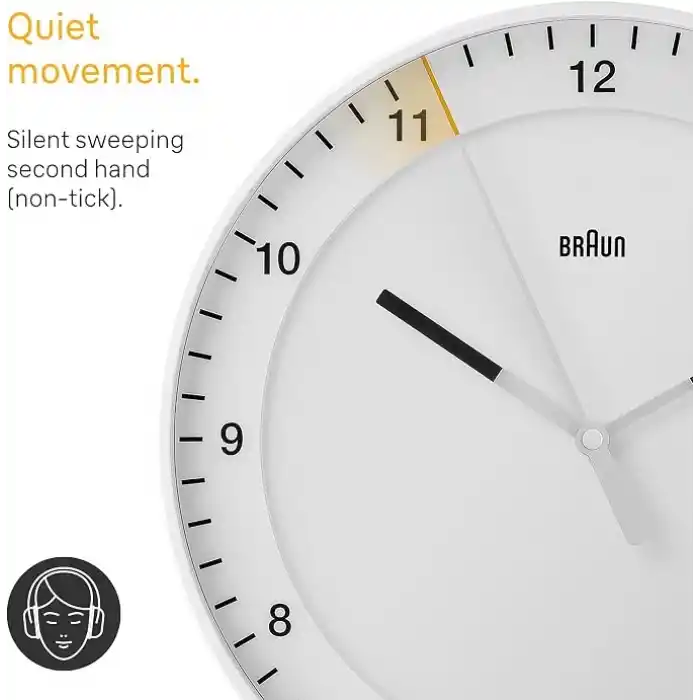 Braun Klasik büyük analog duvar saati sessiz saat mekanizması, kolay okunan kadran, 30 cm çap, beyaz model BC17W.