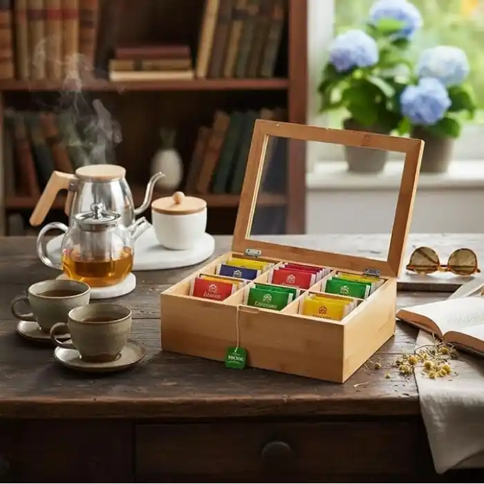 Promosyonca Orjinal Bambu Organizer, Çay Kutusu, Takı Kutusu, Mıknatıslı Kapak, Premium Kalite (6 Şeffaf Kapak)