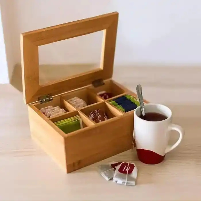 Promosyonca Orjinal Bambu Organizer, Çay Kutusu, Takı Kutusu, Mıknatıslı Kapak, Premium Kalite (6 Şeffaf Kapak)